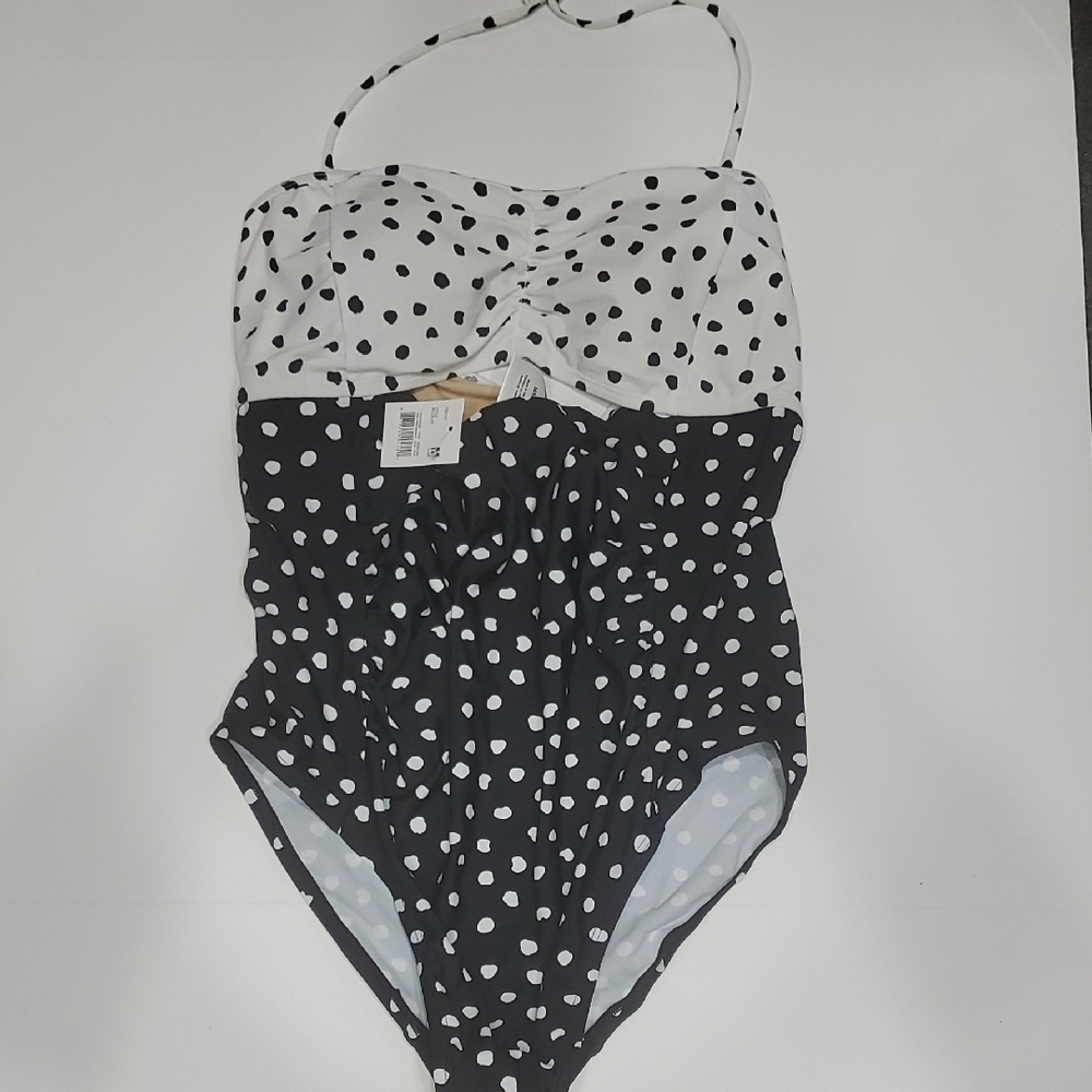 Motherhood Maternity Black and White Polka Dot Swimsuit Beach Bump